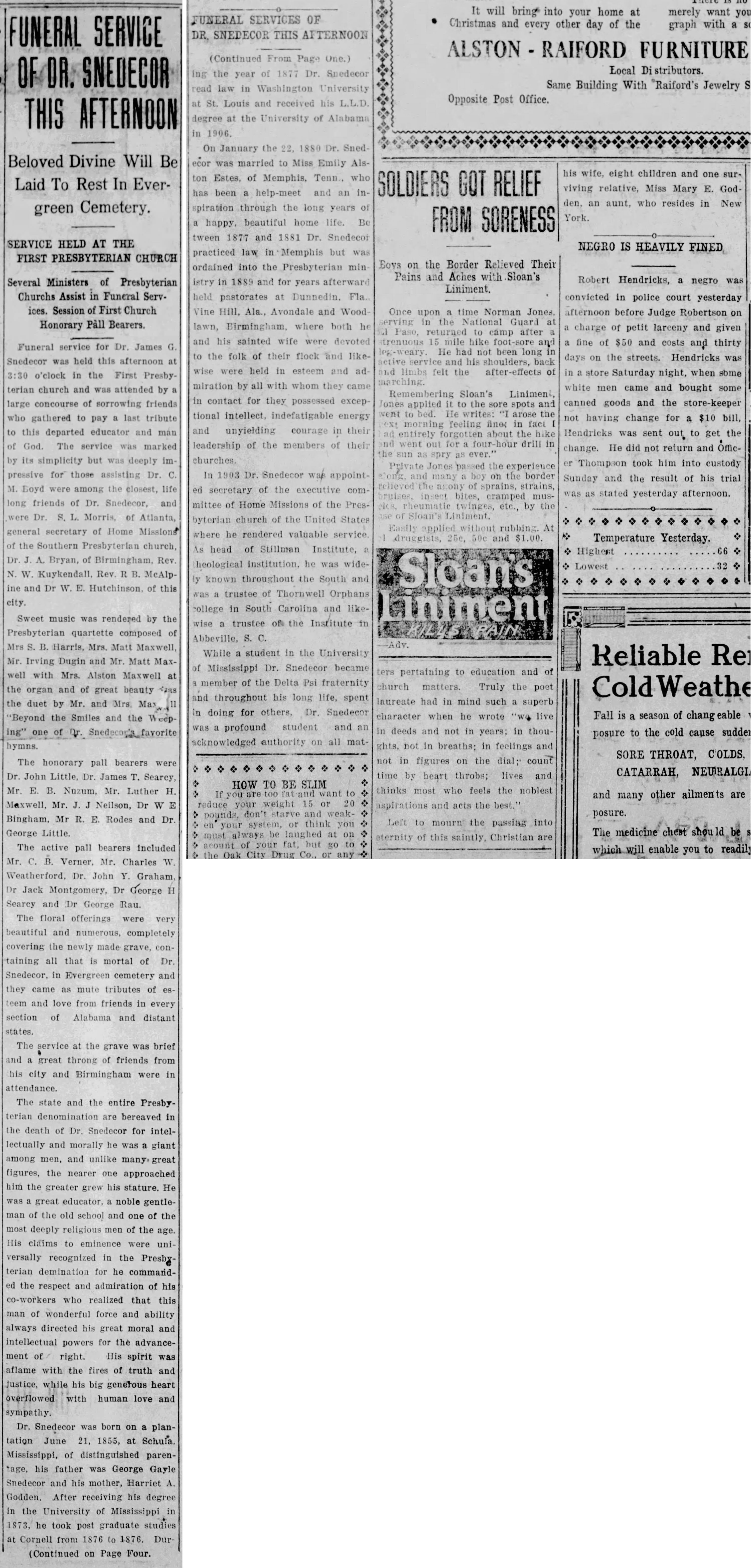 Funeral Services of Dr. Snedecor This Afternoon